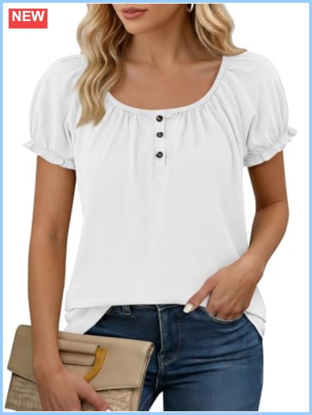 Womens V-Neck Puff Short Sleeve Ruffle Top Pleated Henley T-Shirt